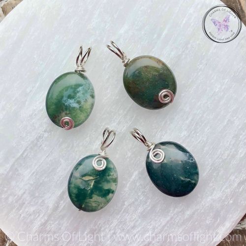 Moss Agate Oval Silver Swirl Pendant